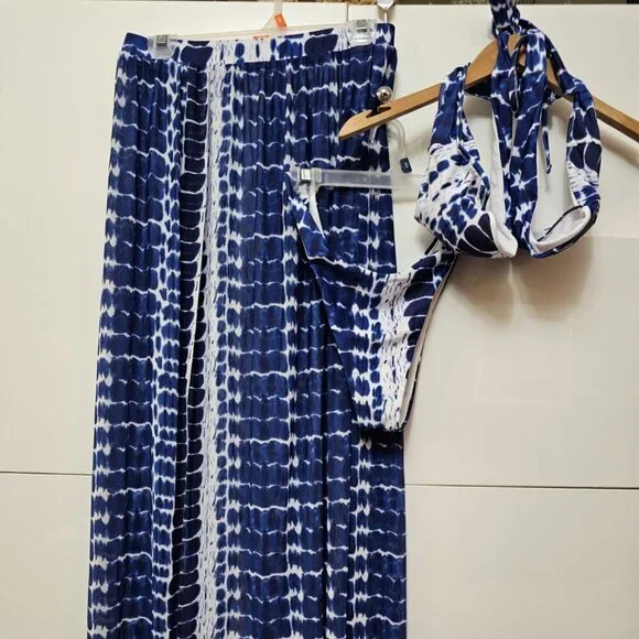 New 3 Piece Criss Cross Tie Dye Bikini Set with Maxi Skirt Cover-Up - Picture 2 of 5